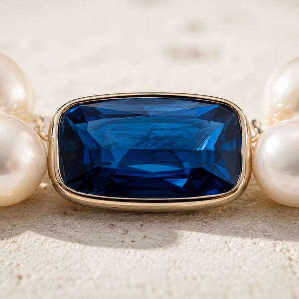 Macro detail of Cassiopea necklace, rectangular blue sapphire centerpiece between freshwater pearls — JLL Pearl