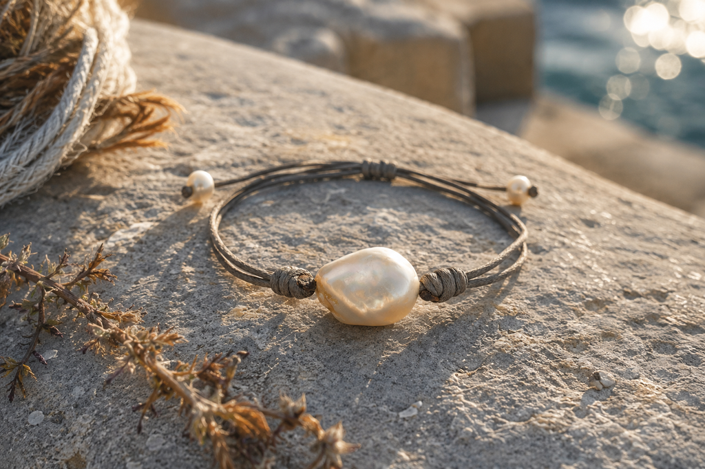 Banggai bracelet by JLL Pearl — grey double satin cord with large baroque cream freshwater pearl, resting on sea-worn grey limestone at Greek harbour, dried herbs and rope in background