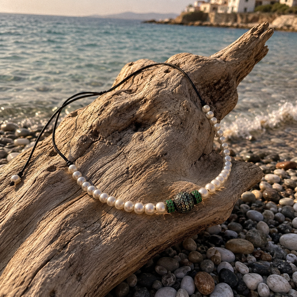 Bao freshwater pearl necklace peridot diopside draped over sun-bleached driftwood on a Greek pebble beach with the Aegean Sea in the background, JLL Pearl
