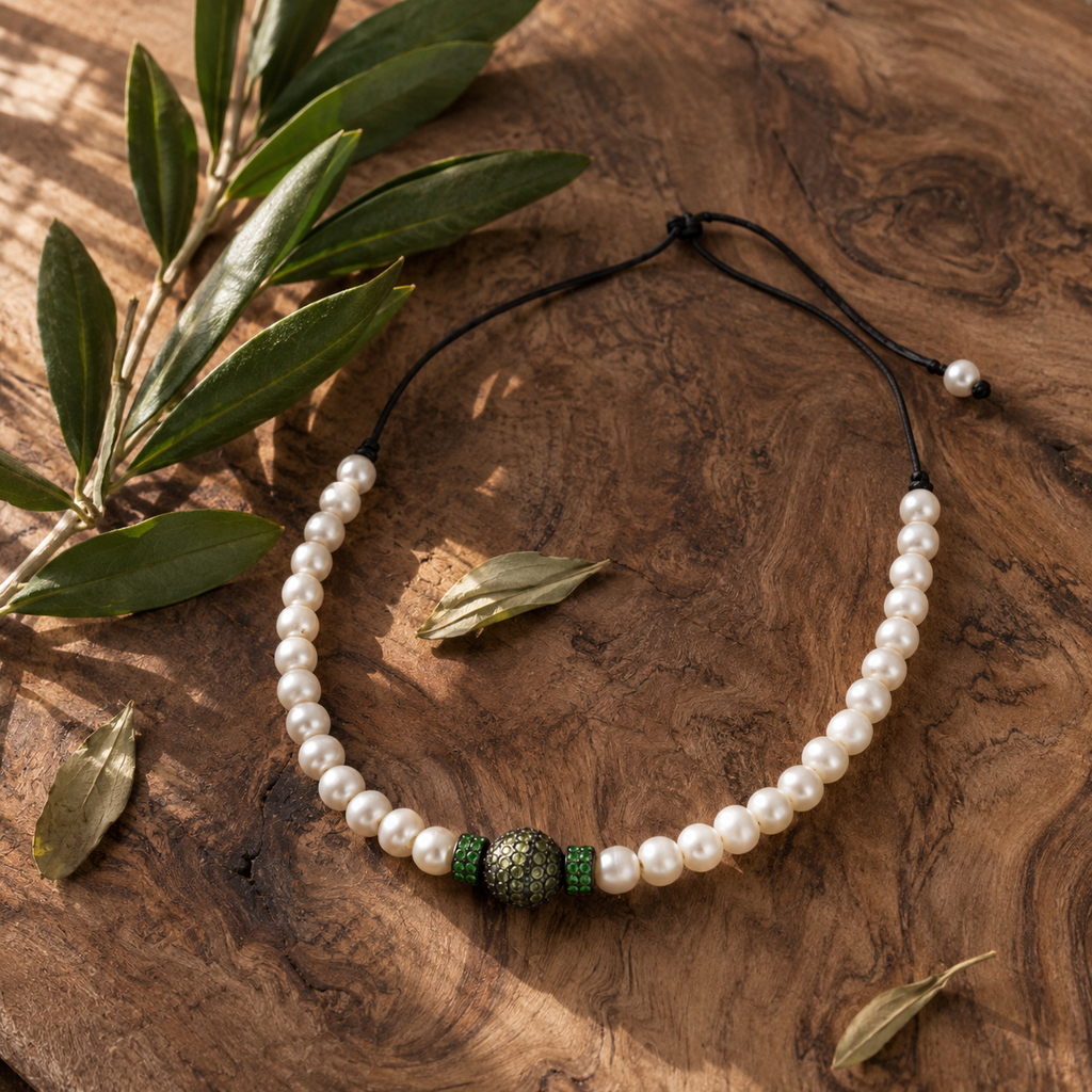 Bao freshwater pearl necklace peridot diopside arranged on aged olive wood with green olive leaves, full color, JLL Pearl