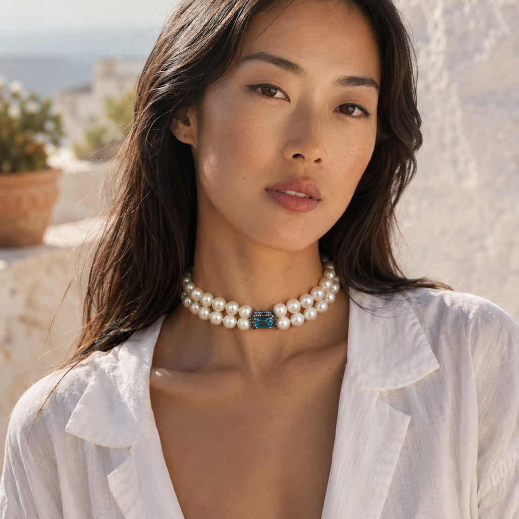 Woman wearing Cassiopea double-strand pearl necklace with blue sapphire centerpiece, Mediterranean setting — JLL Pearl