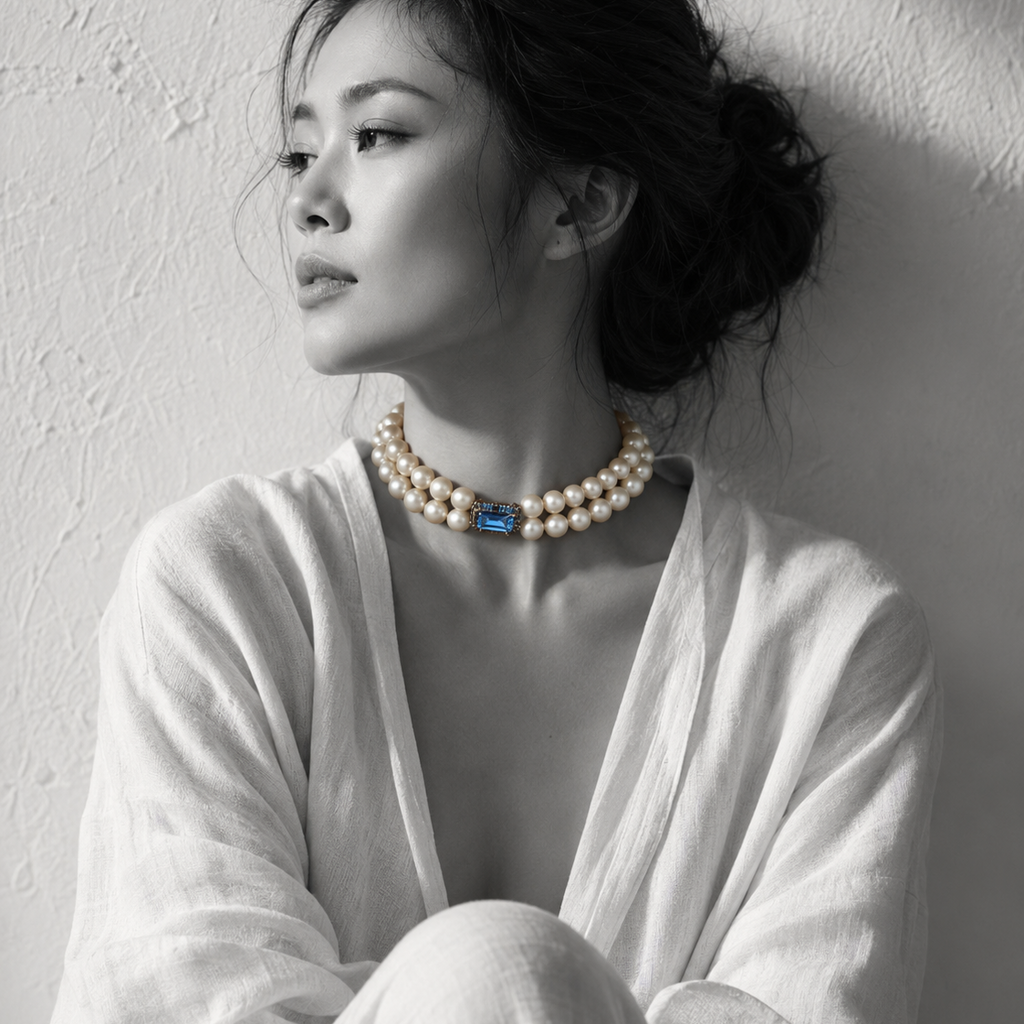 Woman wearing Cassiopea double-strand pearl necklace with rectangular blue sapphire centerpiece — JLL Pearl