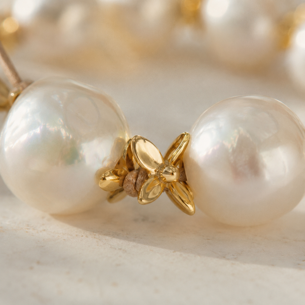 Close-up of Ella choker gold flower cap between two large round white baroque freshwater pearls on nude satin cord