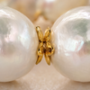 Close-up of Ella choker gold flower cap between two round freshwater pearls on nude satin cord — JLL Pearl