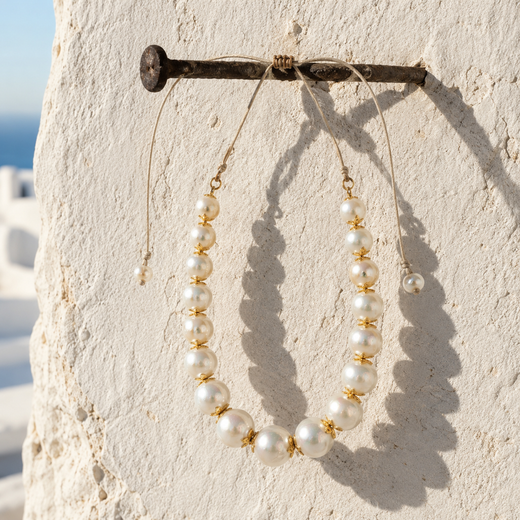 Ella round pearl gold flower choker hanging from iron nail on whitewashed Greek wall, eighteen graduated pearls — JLL Pearl