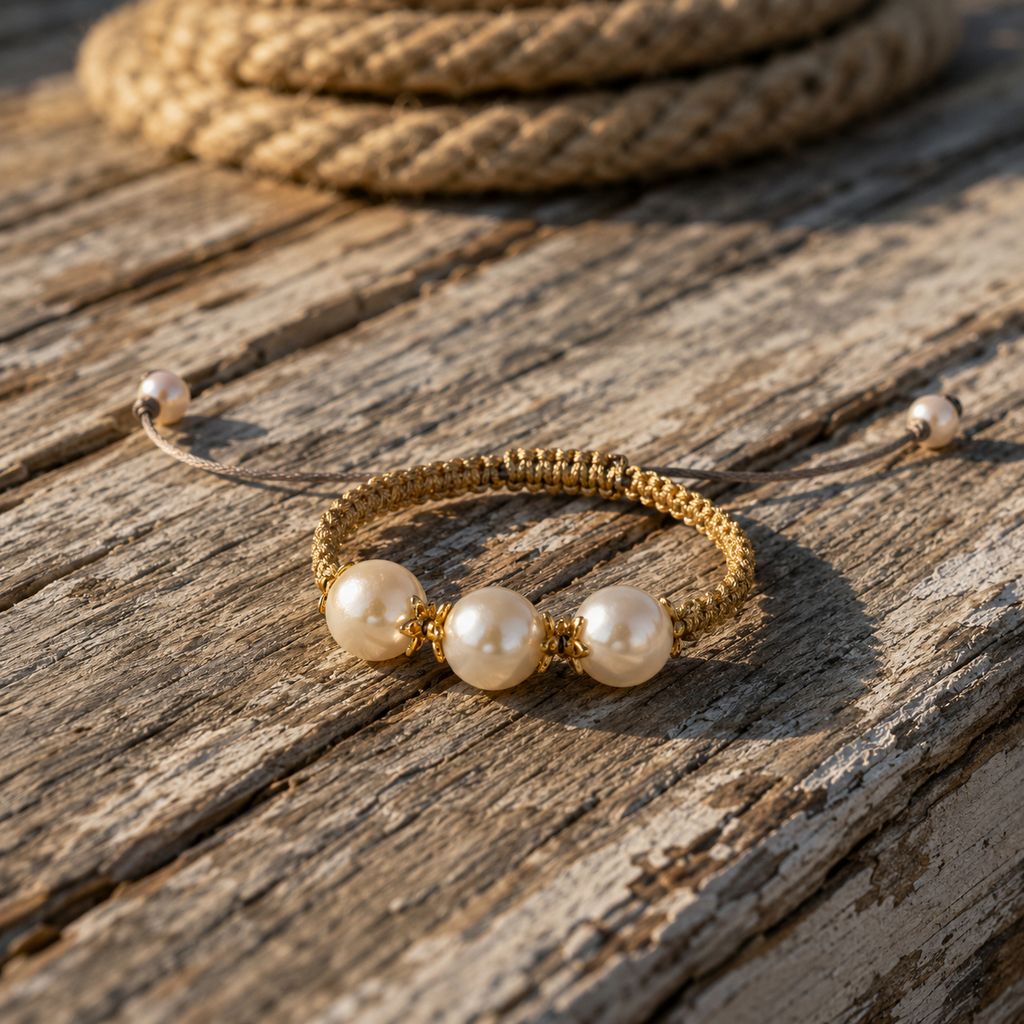 Ios gold macramé pearl bracelet with three round freshwater pearls and gold flower spacers, resting on sun-bleached weathered wood planks, coiled rope in background, warm Mediterranean afternoon light