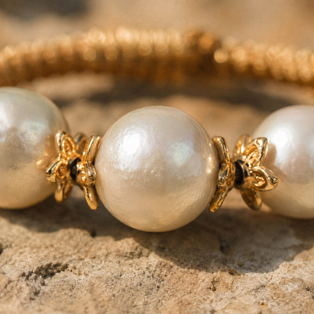 Macro close-up of the Ios bracelet — central round freshwater pearl with small gold flower-shaped bead cap spacers on each side, golden macramé cord visible above, warm raking light on natural stone surface