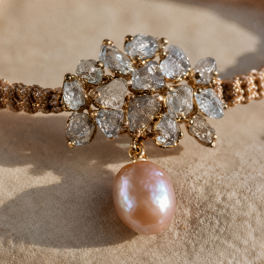 Karla bracelet by JLL Pearl — macro close-up on raw grey crystal chip cluster in gold setting, with hanging baroque blush-pink freshwater pearl on a fine gold link