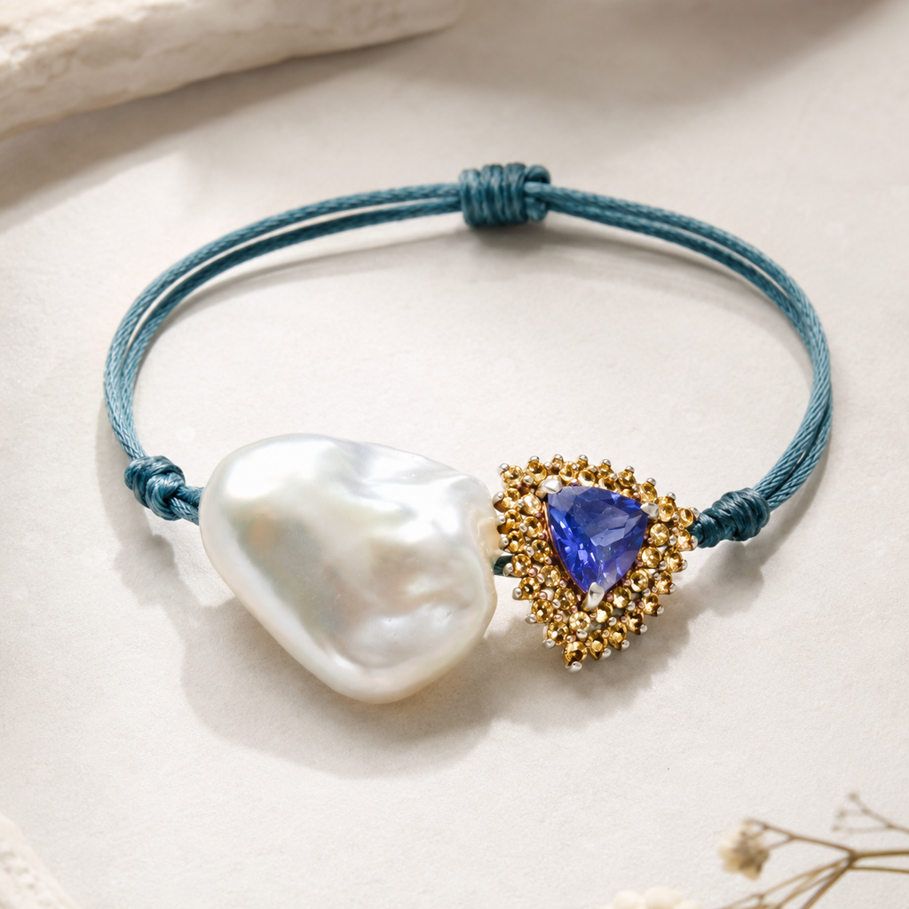 Kastos bracelet with baroque pearl and blue-violet sapphire gold centerpiece, flatlay on stone — JLL Pearl