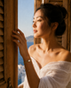 Kea baroque pearl gold macramé bracelet worn at Greek window with wooden shutters, Aegean sea view, golden hour light