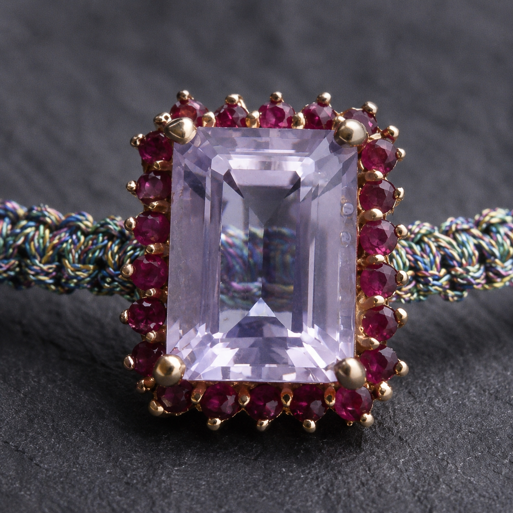 Kos amethyst topaz woven bracelet — macro detail: pale lavender emerald-cut amethyst, pink topaz halo with gold bead accents, multicolour macramé cord — JLL Pearl
