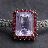 Kos amethyst topaz woven bracelet — macro detail: pale lavender emerald-cut amethyst, pink topaz halo with gold bead accents, multicolour macramé cord — JLL Pearl