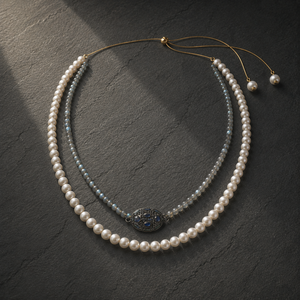 Lola freshwater pearl labradorite necklace laid on dark grey slate, two strands flowing from the oxidized silver oval connector set with sapphire fragments, handmade by JLL Pearl