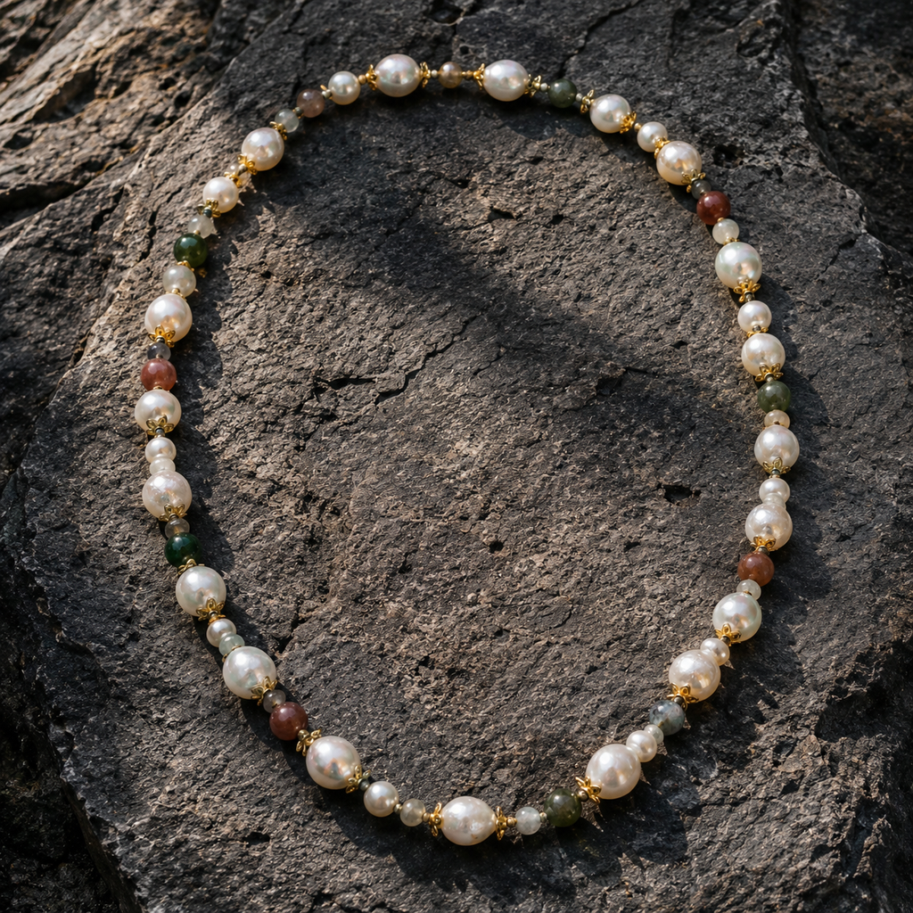 Miami baroque pearl necklace with tourmaline and labradorite flatlay on dark volcanic rock, baroque freshwater pearls, green and red-brown tourmalines, gold flower spacers, natural raking light