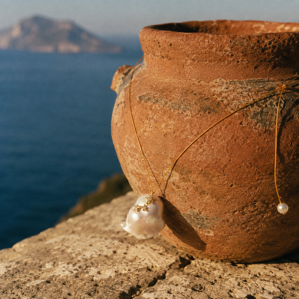 Mila baroque pearl white topaz gold necklace draped over an ancient terracotta pot on a Greek stone ledge with the Aegean Sea in the background, JLL Pearl
