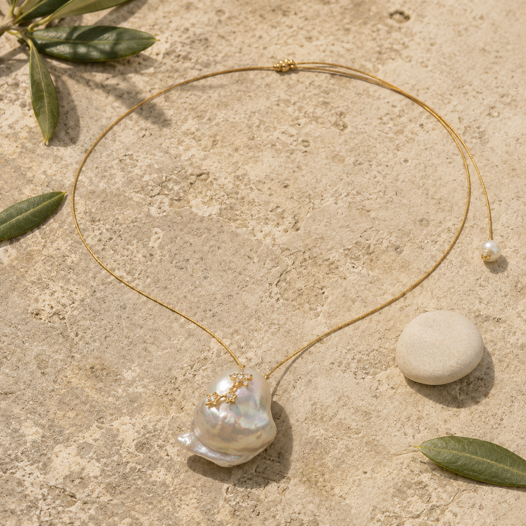 Mila baroque pearl white topaz gold necklace arranged on pale weathered stone with green leaves and a smooth white stone, JLL Pearl