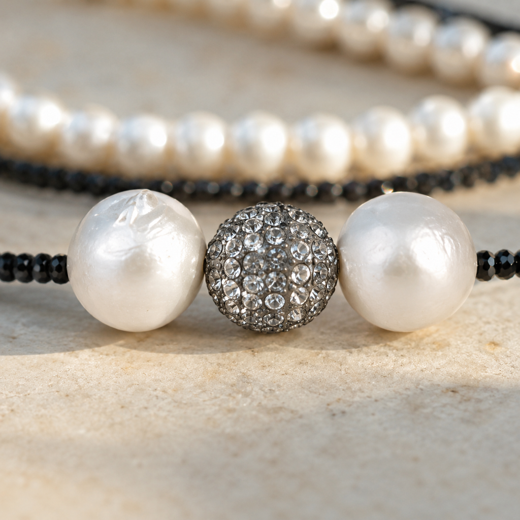 Close-up of Mina necklace centre piece: two baroque pearls flanking a pavé white topaz ball on black spinel strand
