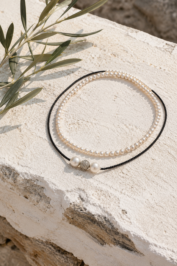 Mina double-strand pearl and black spinel necklace flatlay on whitewashed stone with olive branch