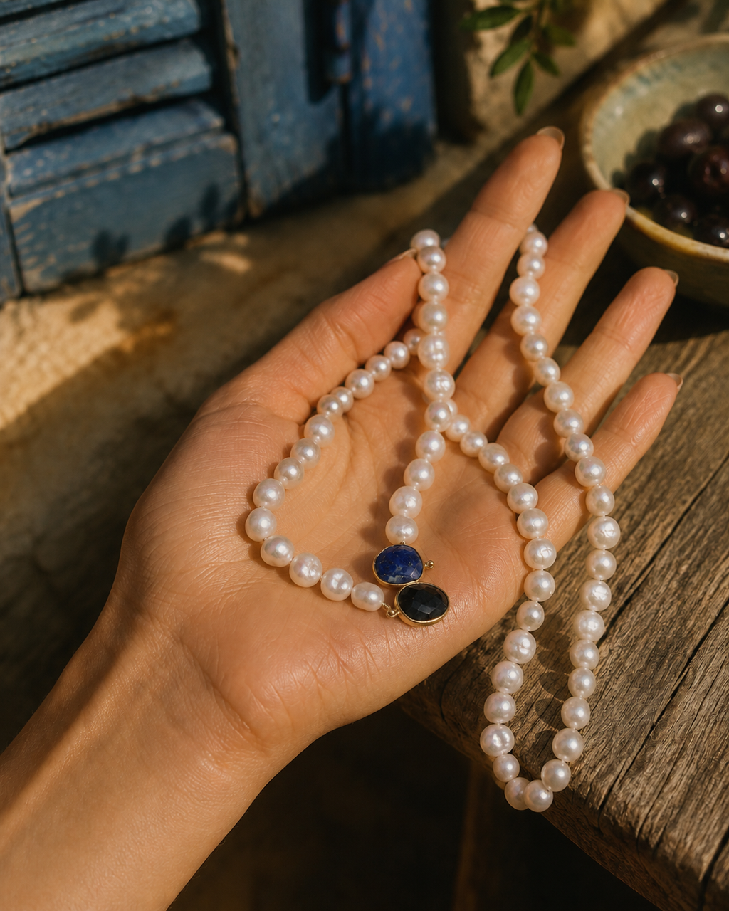 Nati pearl necklace lapis lazuli sapphire gold held in an open feminine palm, Mediterranean background with blue shutters and dark olives, JLL Pearl