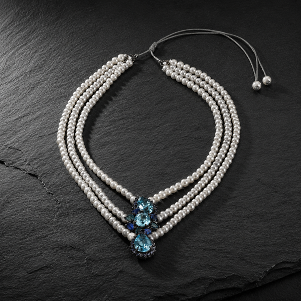 Nilufar three-strand pearl necklace blue topaz on dark slate, full view, JLL Pearl