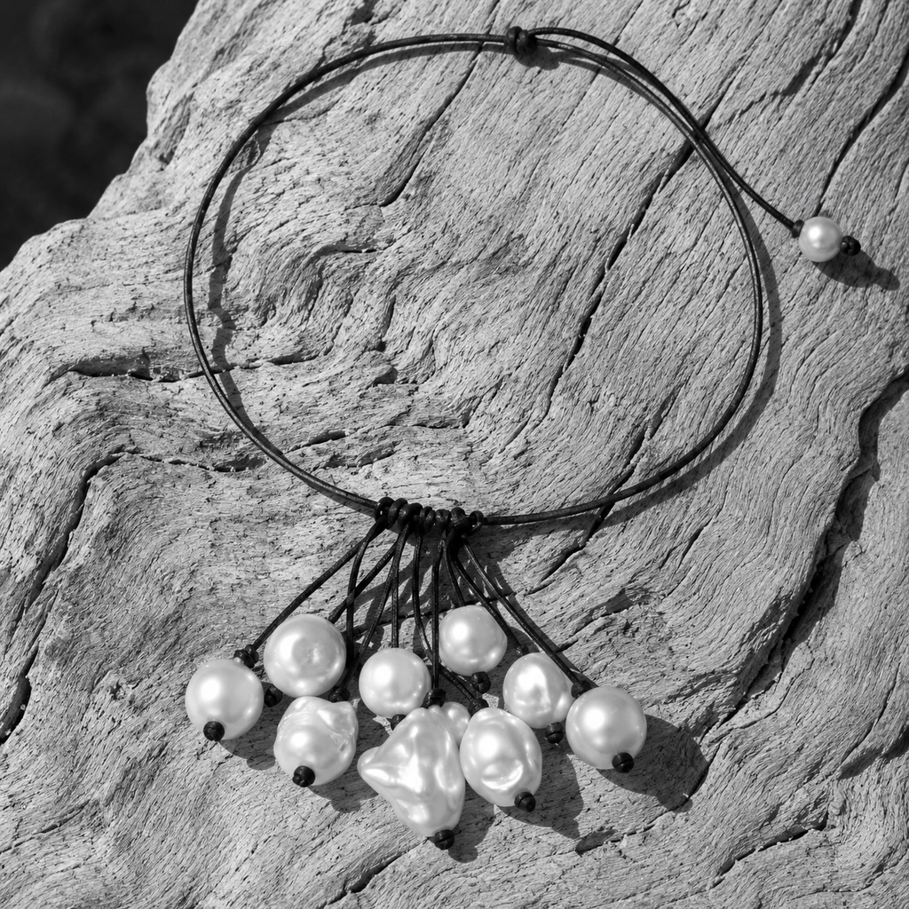 Peipei baroque pearl cluster necklace arranged on sun-bleached driftwood, multiple baroque freshwater pearls hanging from a central grey satin knot, black and white flat lay, handmade by JLL Pearl