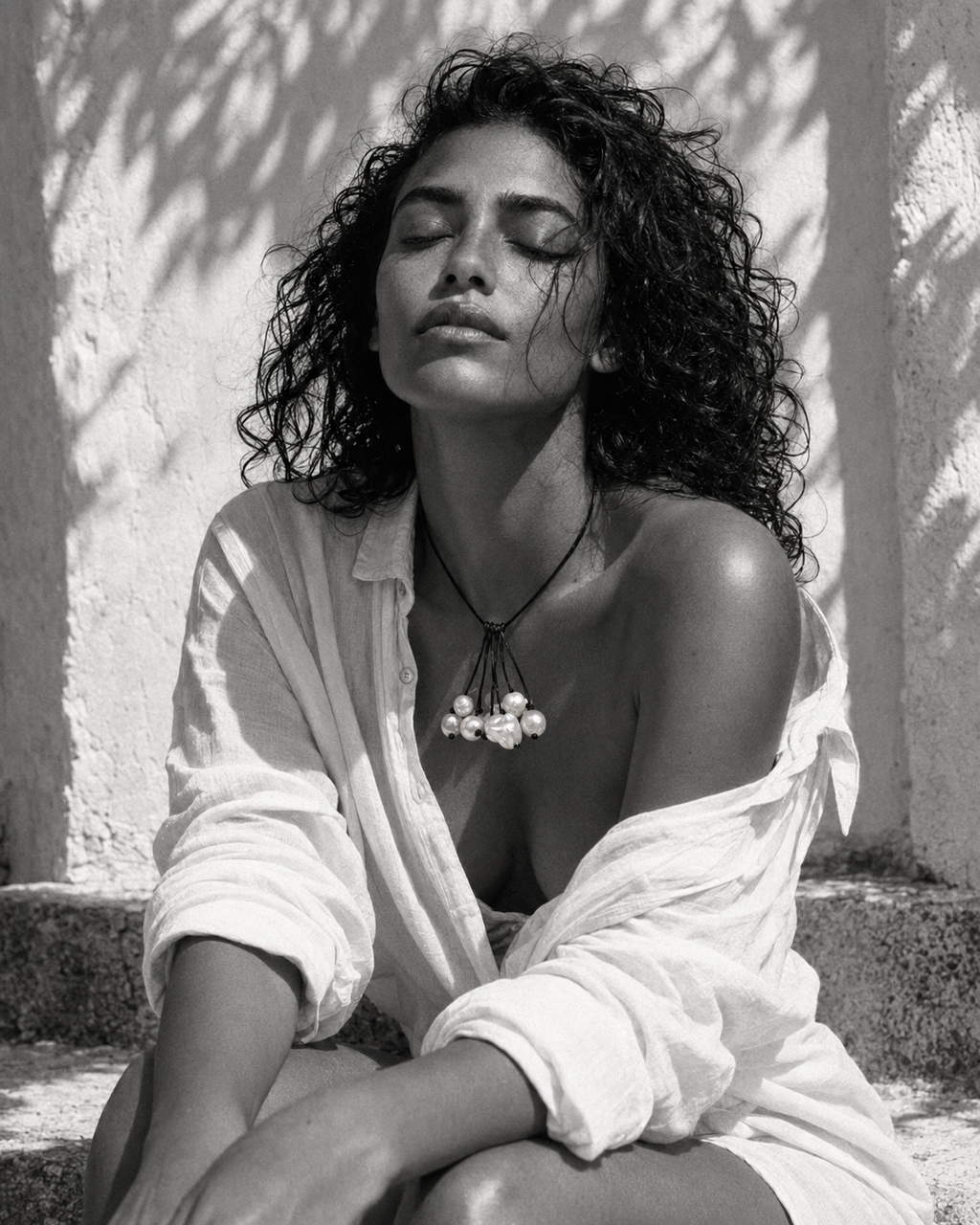 Peipei baroque pearl cluster necklace worn against a whitewashed Mediterranean wall, dappled leaf shadows, woman with eyes closed in white linen shirt, black and white editorial portrait, handmade by JLL Pearl
