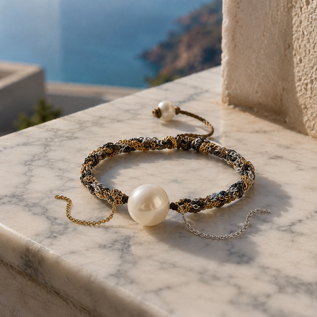 Samos bracelet — three braided chains in gold, silver, and dark oxidized metal, large round white freshwater pearl — resting on white marble with grey veining, Aegean sea in background — JLL Pearl