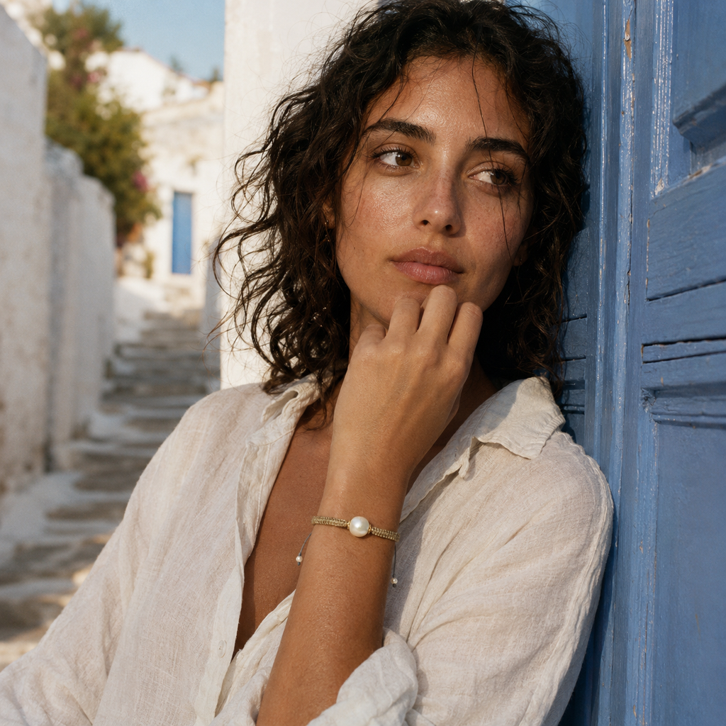 Tama bracelet worn on the wrist of a young Mediterranean woman leaning against a blue painted door in a Greek whitewashed alley — gold macramé band, round white freshwater pearl centre, grey cord with pearl finials — JLL Pearl