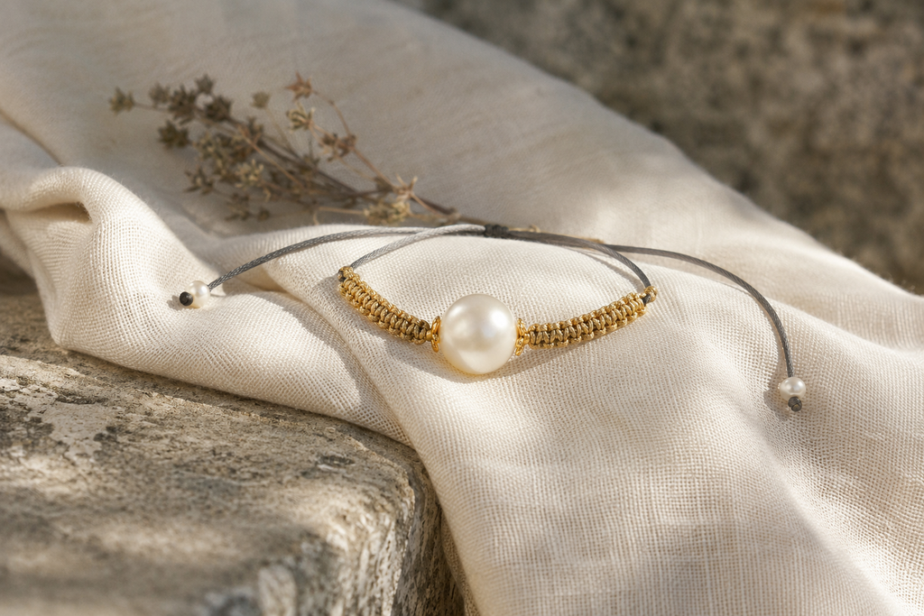 Tama bracelet resting on natural linen cloth on stone, cream round pearl with gold macramé and flower spacers, natural Mediterranean light