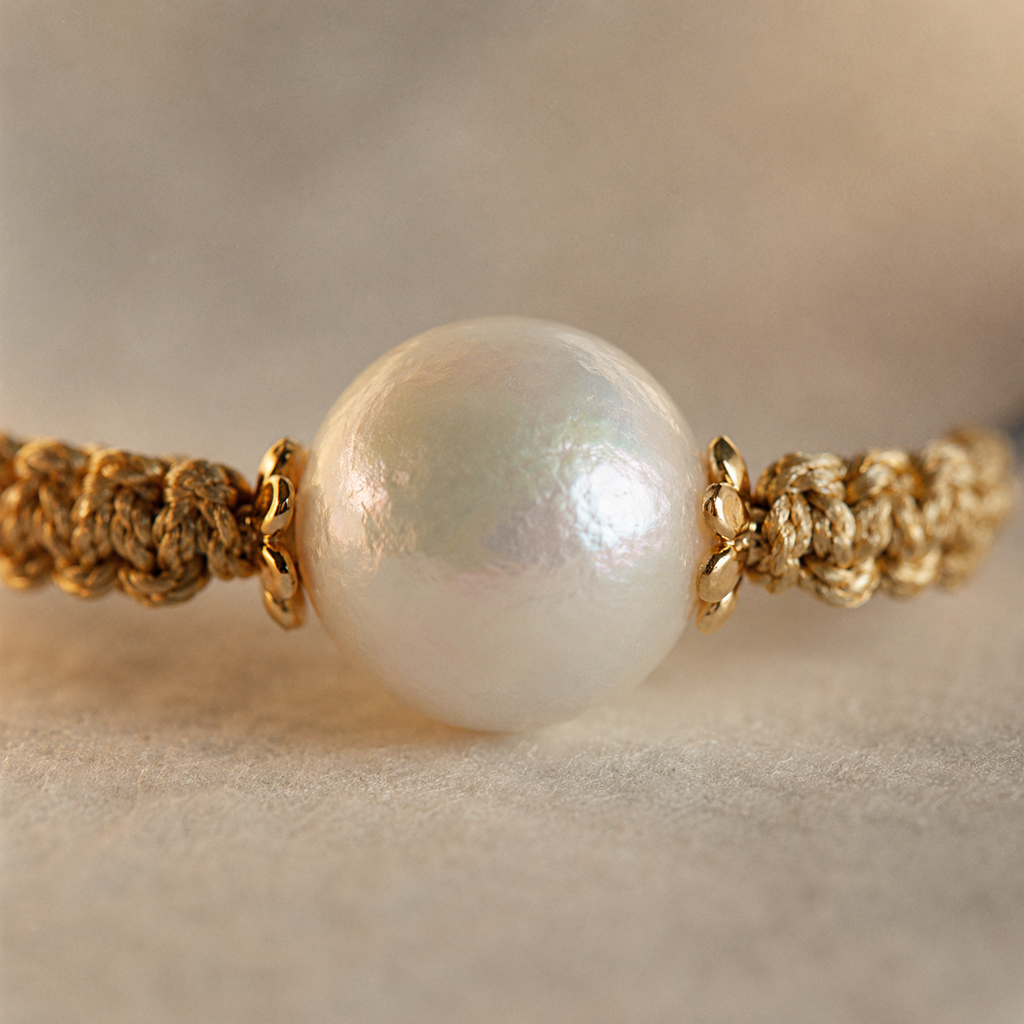 Close-up of Tama bracelet central pearl — 13-14mm round freshwater pearl with iridescent nacre, small gold flower spacers on each side, gold macramé sections